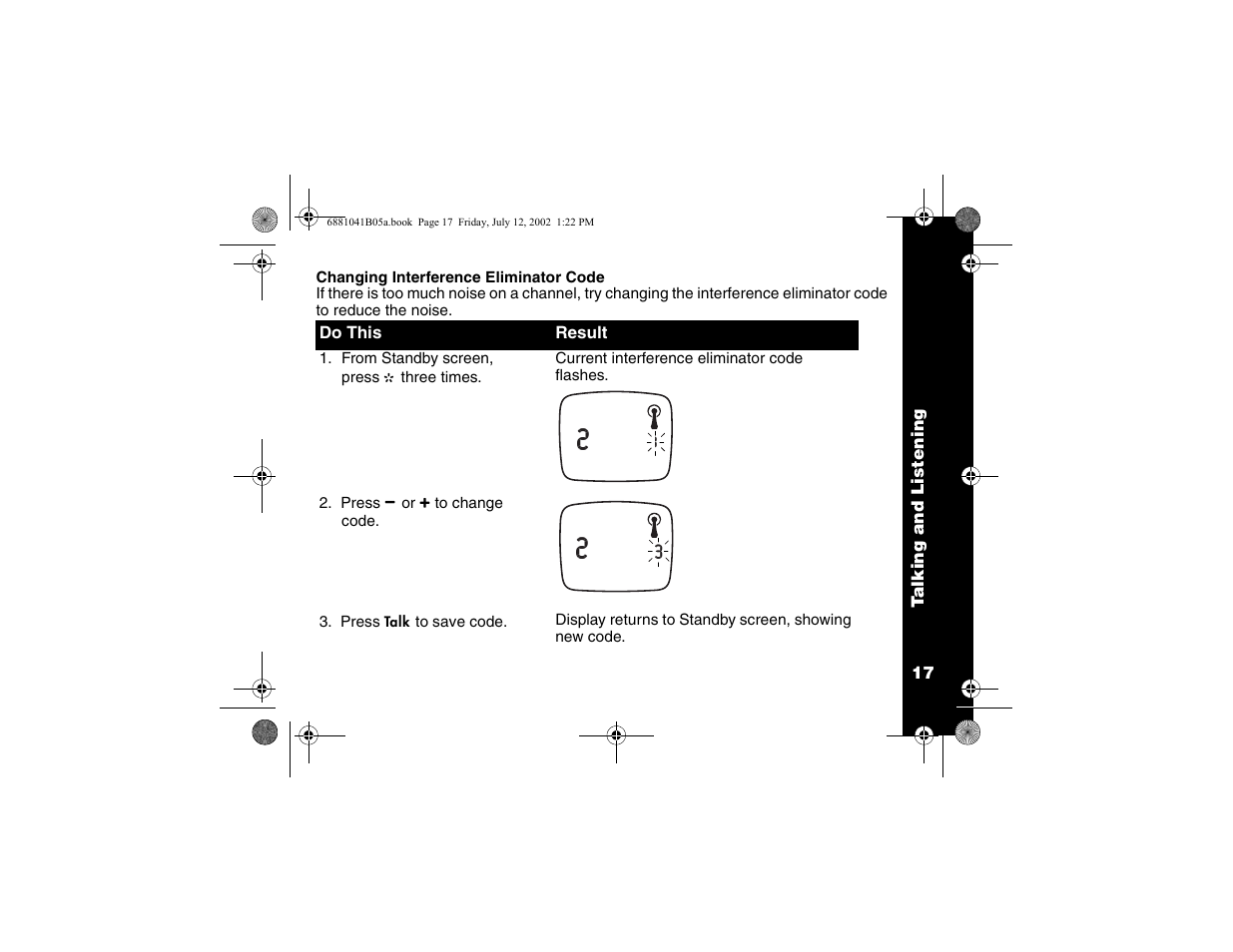 Changing interference eliminator code, Changing interference eliminator code .17 | Motorola 2 Way FRS Radio User Manual | Page 23 / 44