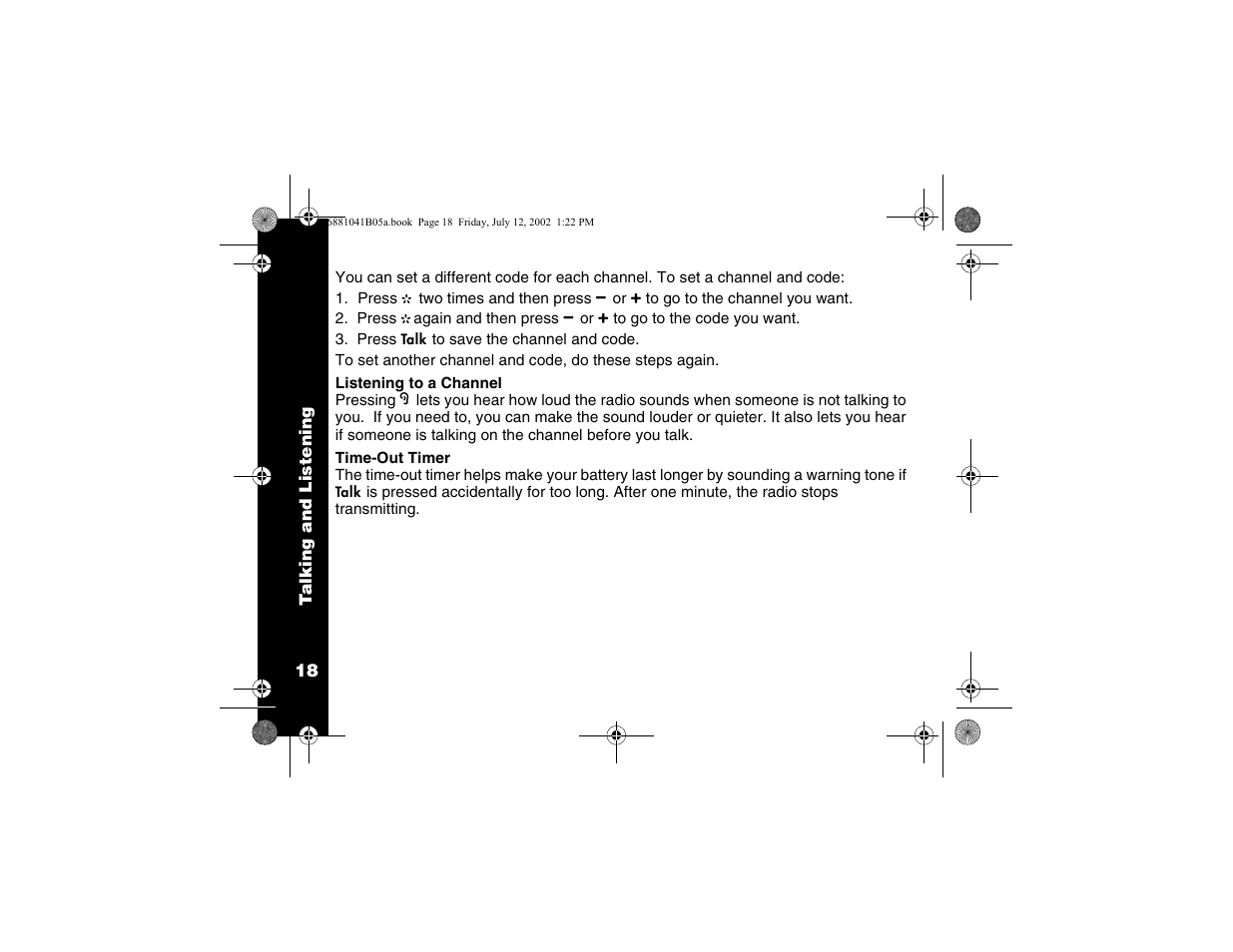 Listening to a channel, Time-out timer, Listening to a channel time-out timer | Motorola 2 Way FRS Radio User Manual | Page 24 / 44