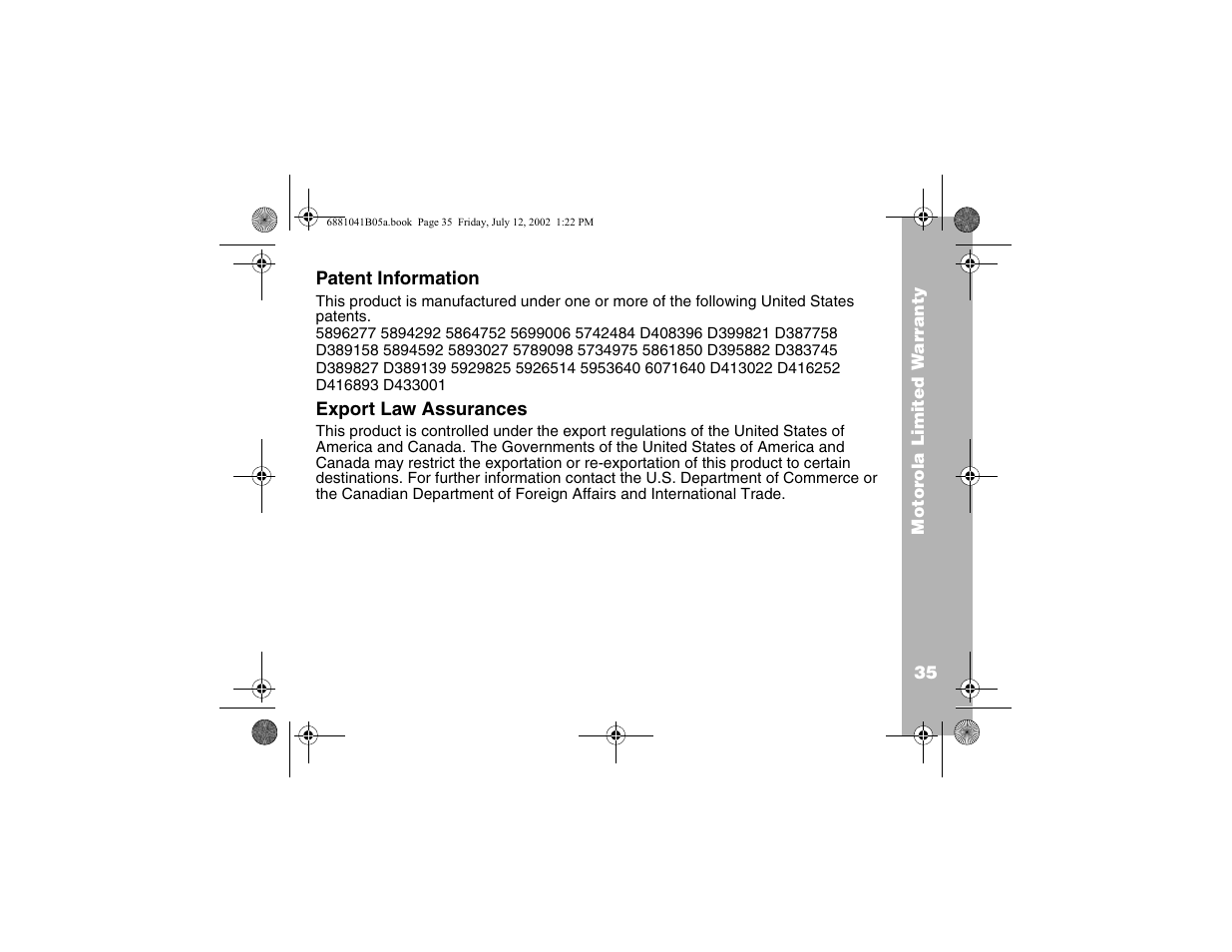 Export law assurances | Motorola 2 Way FRS Radio User Manual | Page 41 / 44