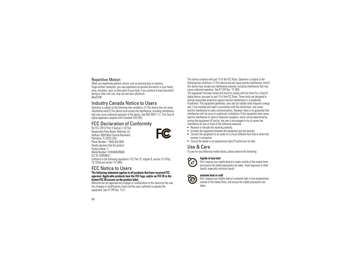 Industry canada notice, Fcc doc, Fcc notice | Use & care, Industry canada notice to users, Fcc declaration of conformity, Fcc notice to users | Motorola I1 User Manual | Page 54 / 63