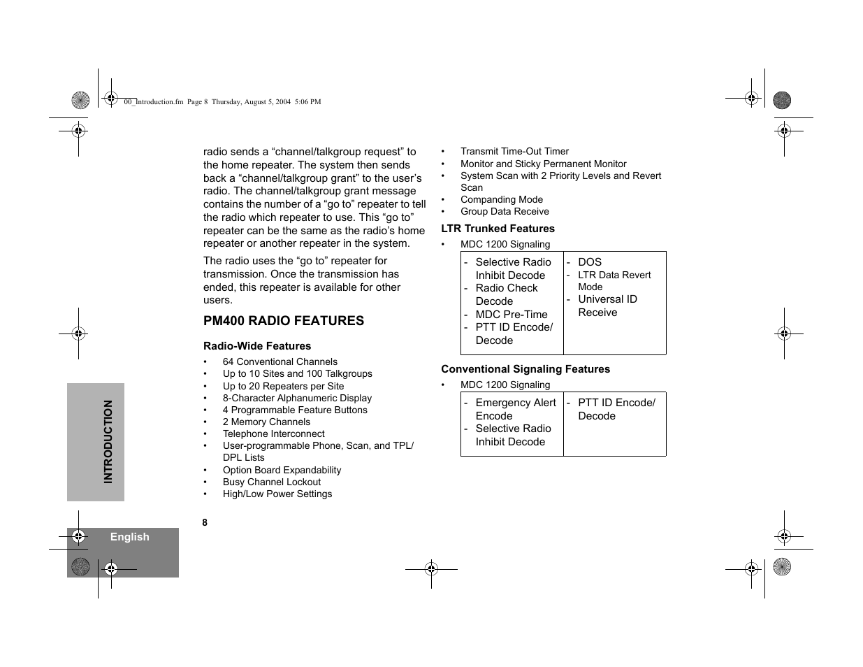 Pm400 radio features, Radio-wide features, Ltr trunked features | Conventional signaling features | Motorola PM400 User Manual | Page 10 / 76