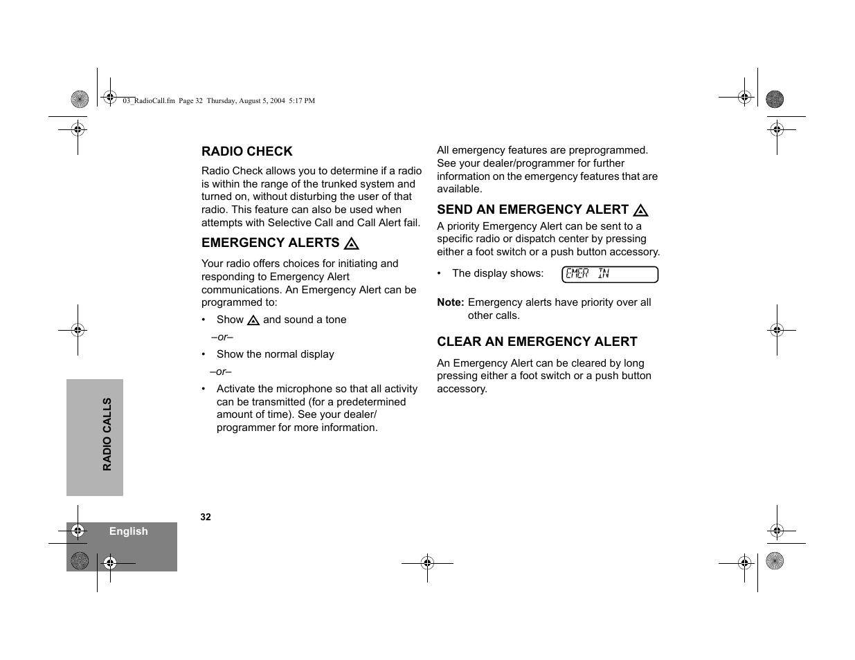 Radio check, Emergency alerts, Send an emergency alert | Clear an emergency alert | Motorola PM400 User Manual | Page 34 / 76