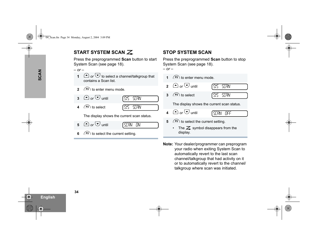 Start system scan, Stop system scan | Motorola PM400 User Manual | Page 36 / 76