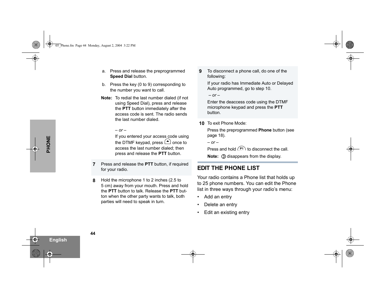 Edit the phone list | Motorola PM400 User Manual | Page 46 / 76