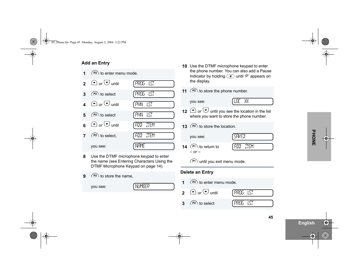 Add an entry, Delete an entry | Motorola PM400 User Manual | Page 47 / 76