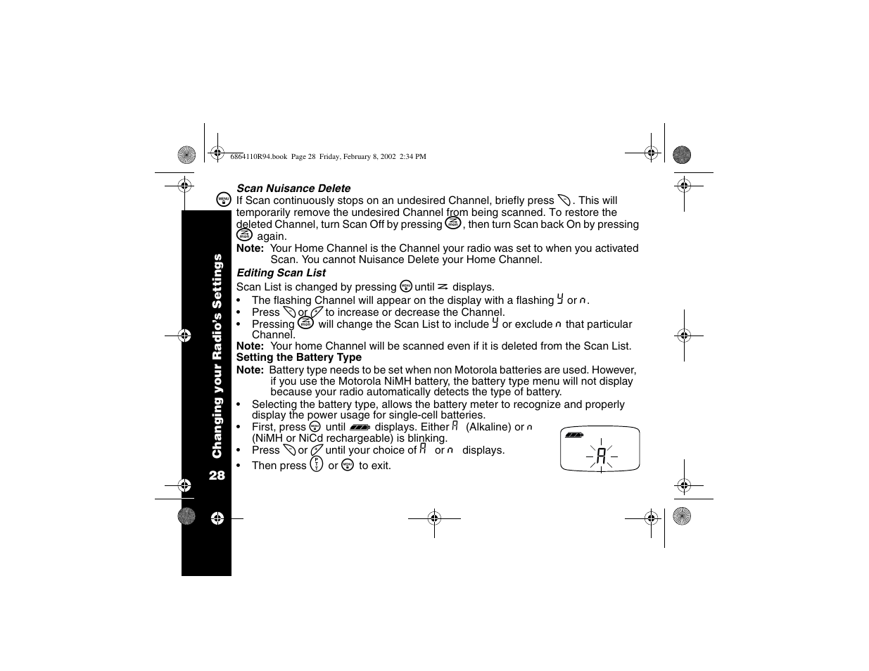 Scan nuisance delete, Editing scan list, Setting the battery type | Motorola T7200 User Manual | Page 33 / 66