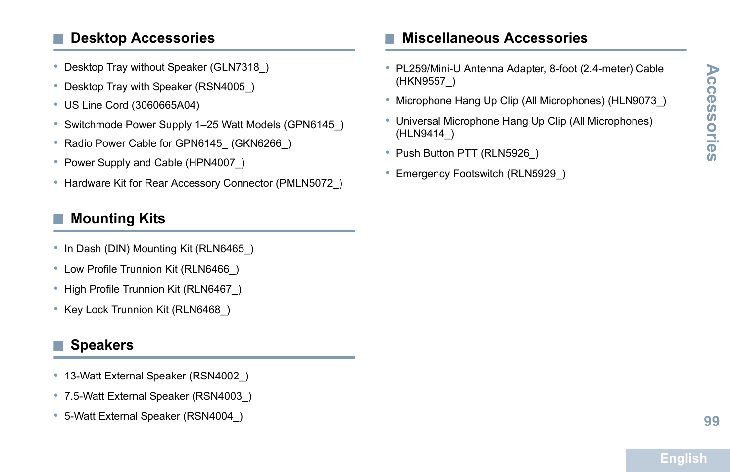 Desktop accessories, Mounting kits, Speakers | Miscellaneous accessories, Accessories | Motorola XPR 5550 User Manual | Page 110 / 118