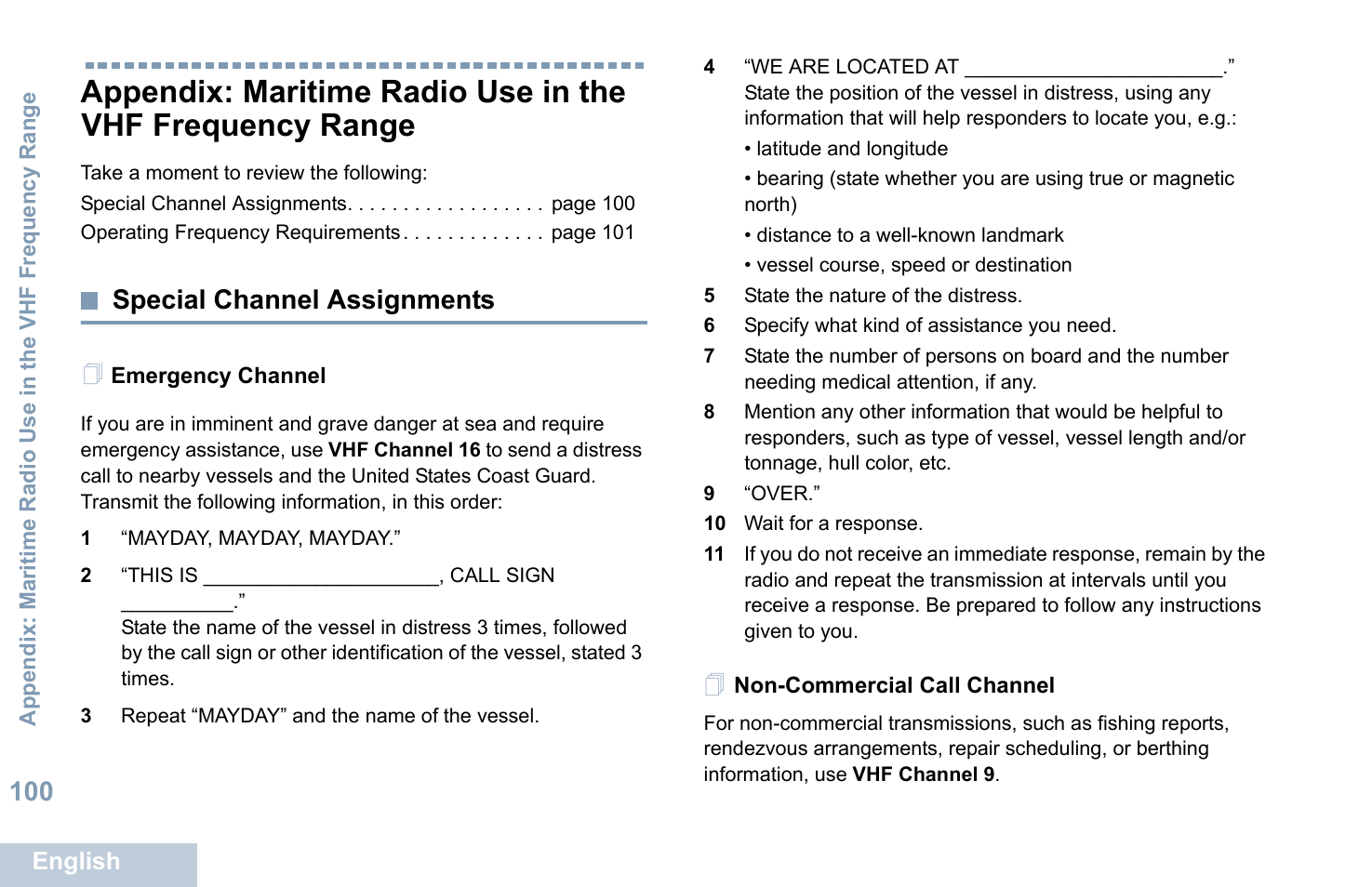 Special channel assignments, Emergency channel, Non-commercial call channel | Emergency channel non-commercial call channel | Motorola XPR 5550 User Manual | Page 111 / 118