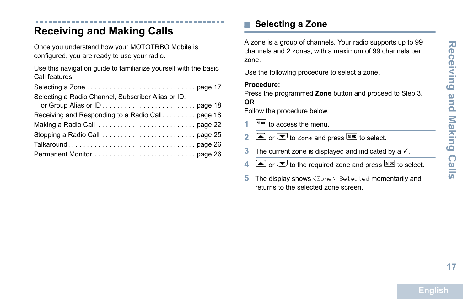 Receiving and making calls, Selecting a zone | Motorola XPR 5550 User Manual | Page 29 / 118