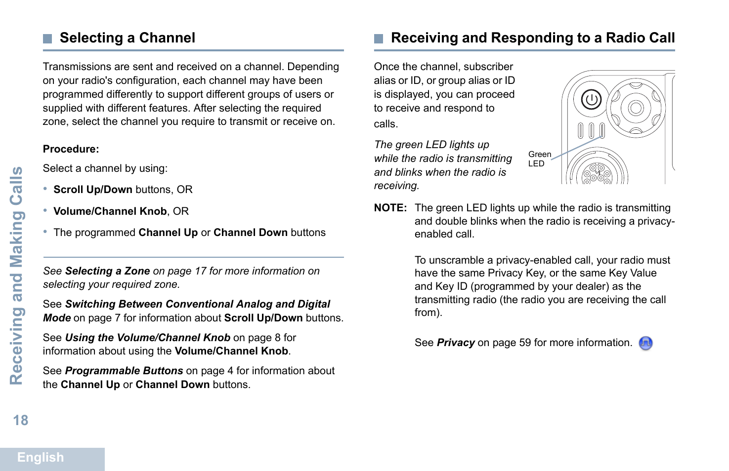 Selecting a channel, Receiving and responding to a radio call, Receiving and making calls | 18 selecting a channel | Motorola XPR 5550 User Manual | Page 30 / 118