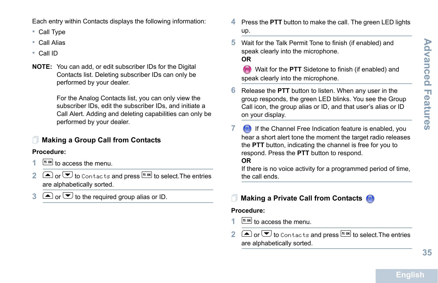 Making a group call from contacts, Making a private call from contacts, See making a private call from contacts | Advanced features | Motorola XPR 5550 User Manual | Page 47 / 118