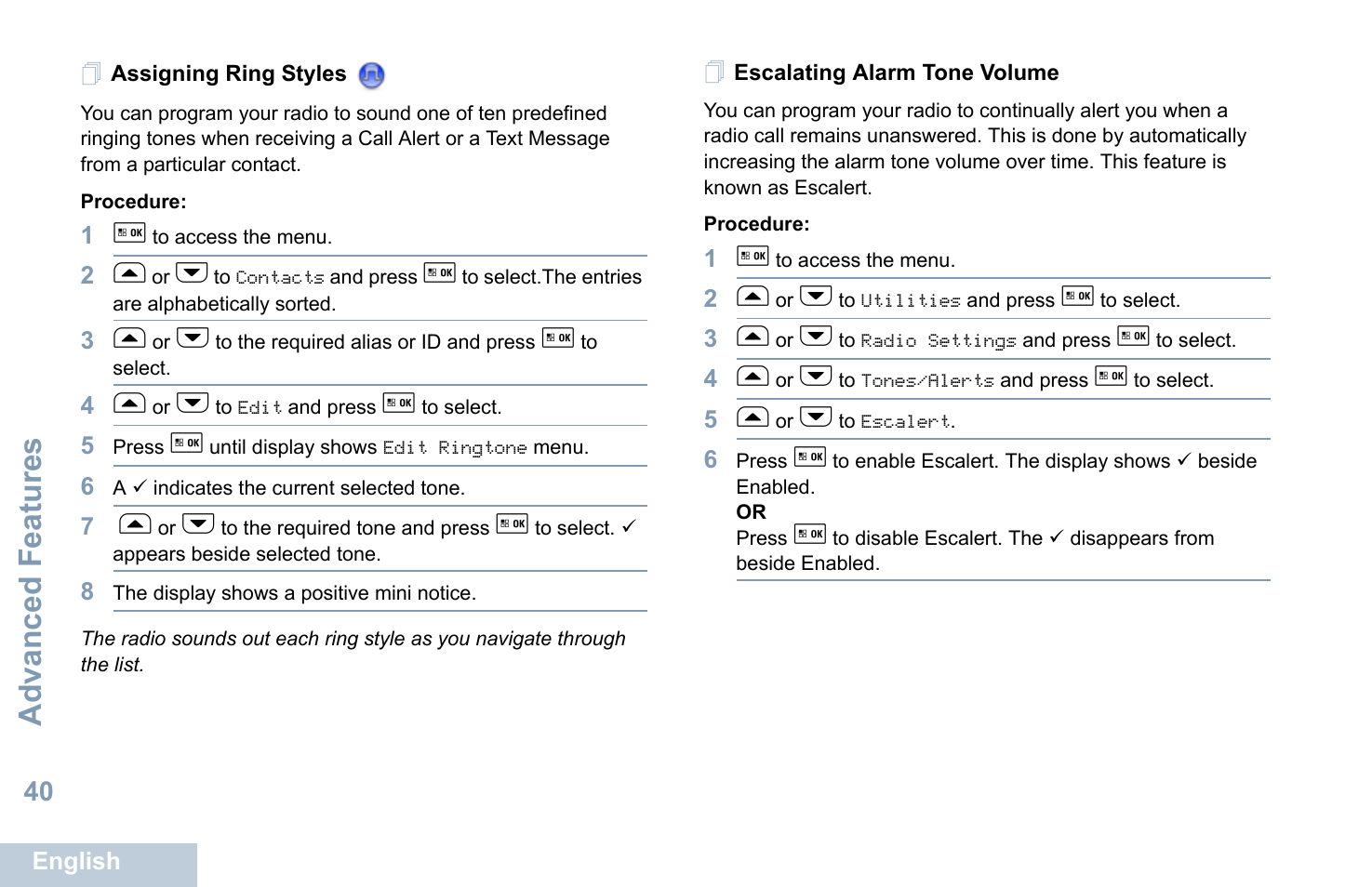 Assigning ring styles, Escalating alarm tone volume, Assigning ring styles escalating alarm tone volume | Advanced features | Motorola XPR 5550 User Manual | Page 52 / 118