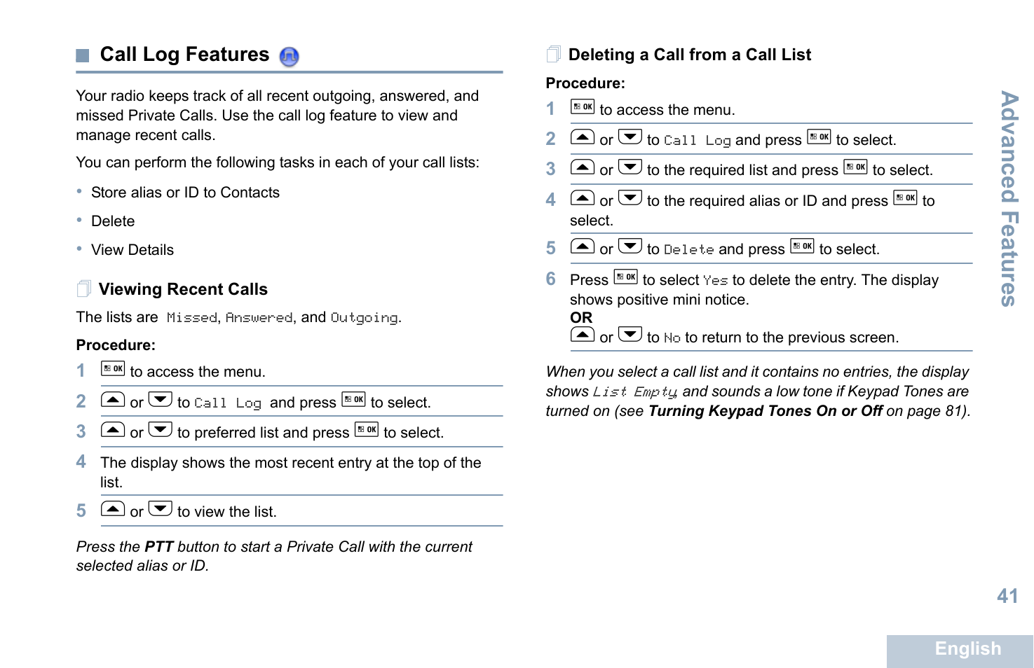 Call log features, Viewing recent calls, Deleting a call from a call list | Advanced features, 41 call log features | Motorola XPR 5550 User Manual | Page 53 / 118