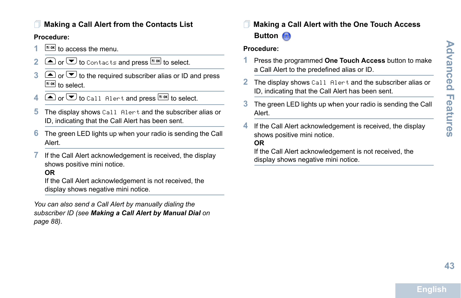 Making a call alert from the contacts list, Advanced features | Motorola XPR 5550 User Manual | Page 55 / 118