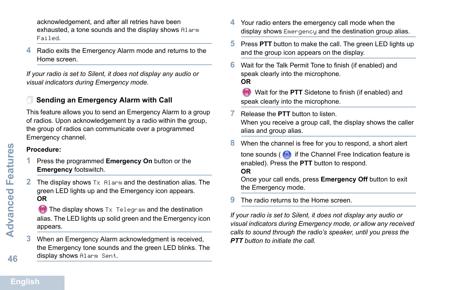 Sending an emergency alarm with call, Advanced features | Motorola XPR 5550 User Manual | Page 58 / 118