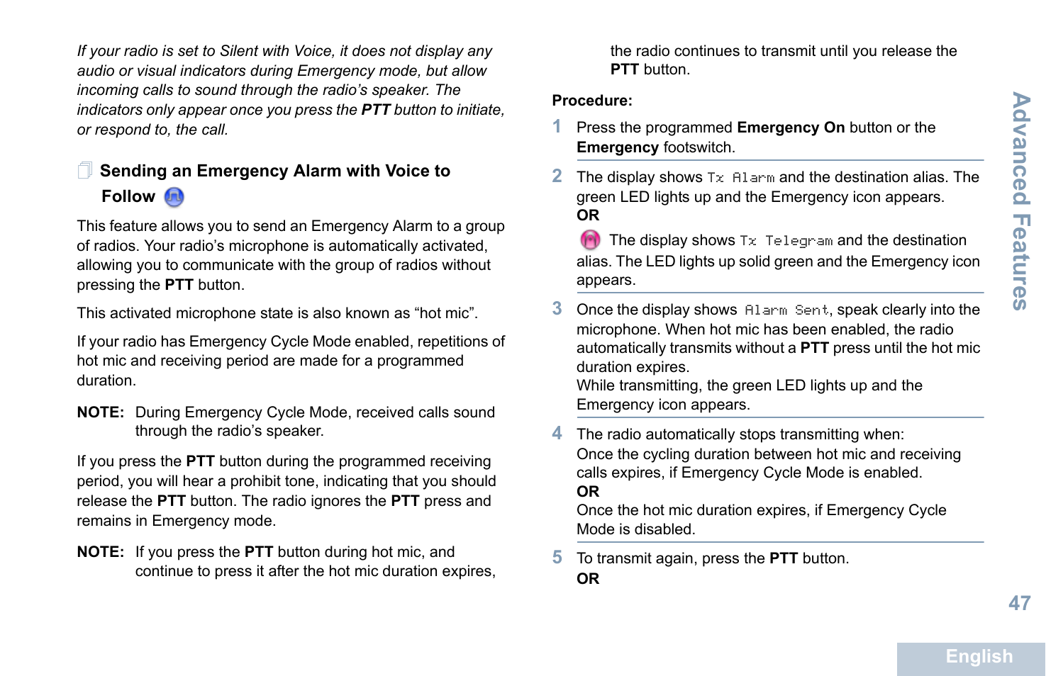 Sending an emergency alarm with voice to follow, Advanced features | Motorola XPR 5550 User Manual | Page 59 / 118