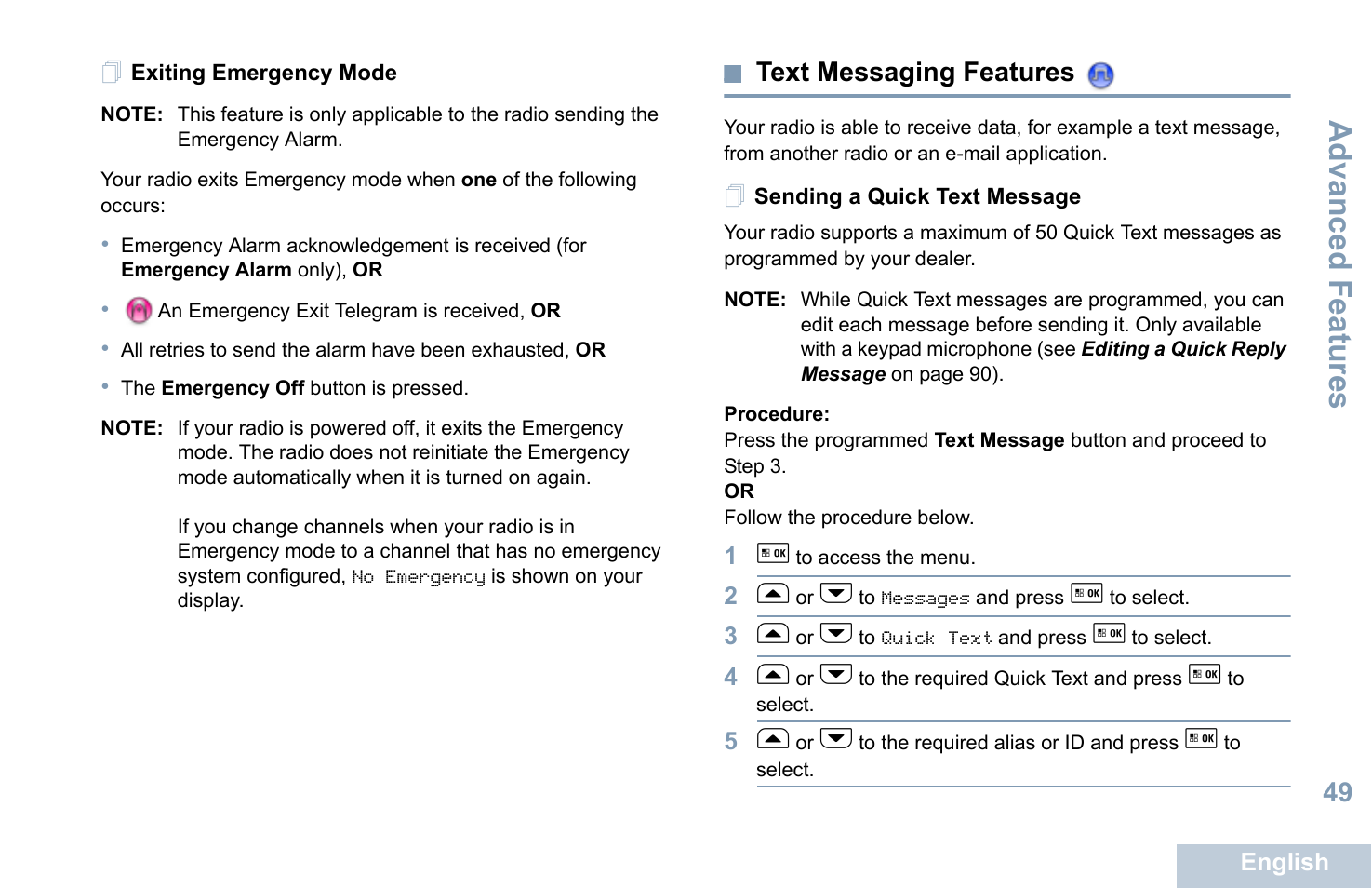 Exiting emergency mode, Text messaging features, Sending a quick text message | Advanced features | Motorola XPR 5550 User Manual | Page 61 / 118