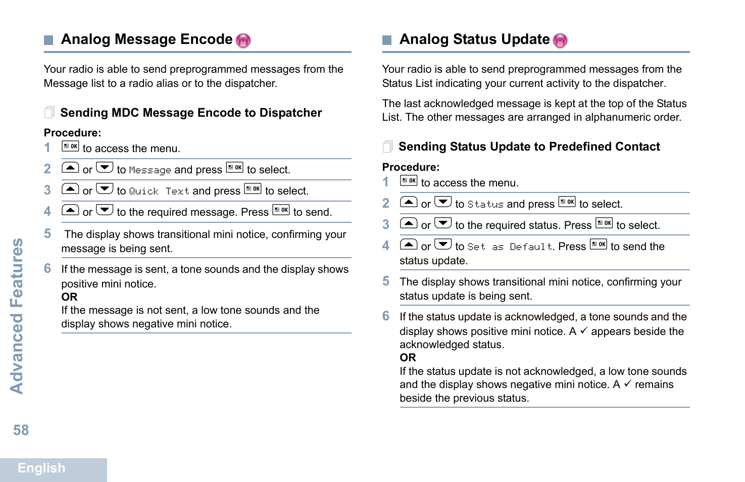 Analog message encode, Sending mdc message encode to dispatcher, Analog status update | Sending status update to predefined contact, Advanced features, 58 analog message encode | Motorola XPR 5550 User Manual | Page 70 / 118