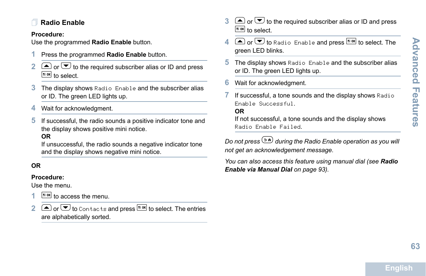 Radio enable, Advanced features | Motorola XPR 5550 User Manual | Page 75 / 118