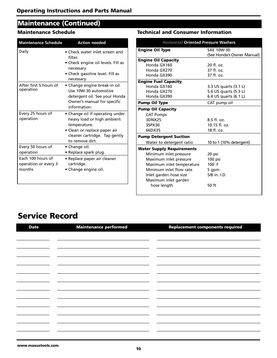 Service record, Maintenance (continued), Operating instructions and parts manual | Maxus MX5223 User Manual | Page 10 / 28