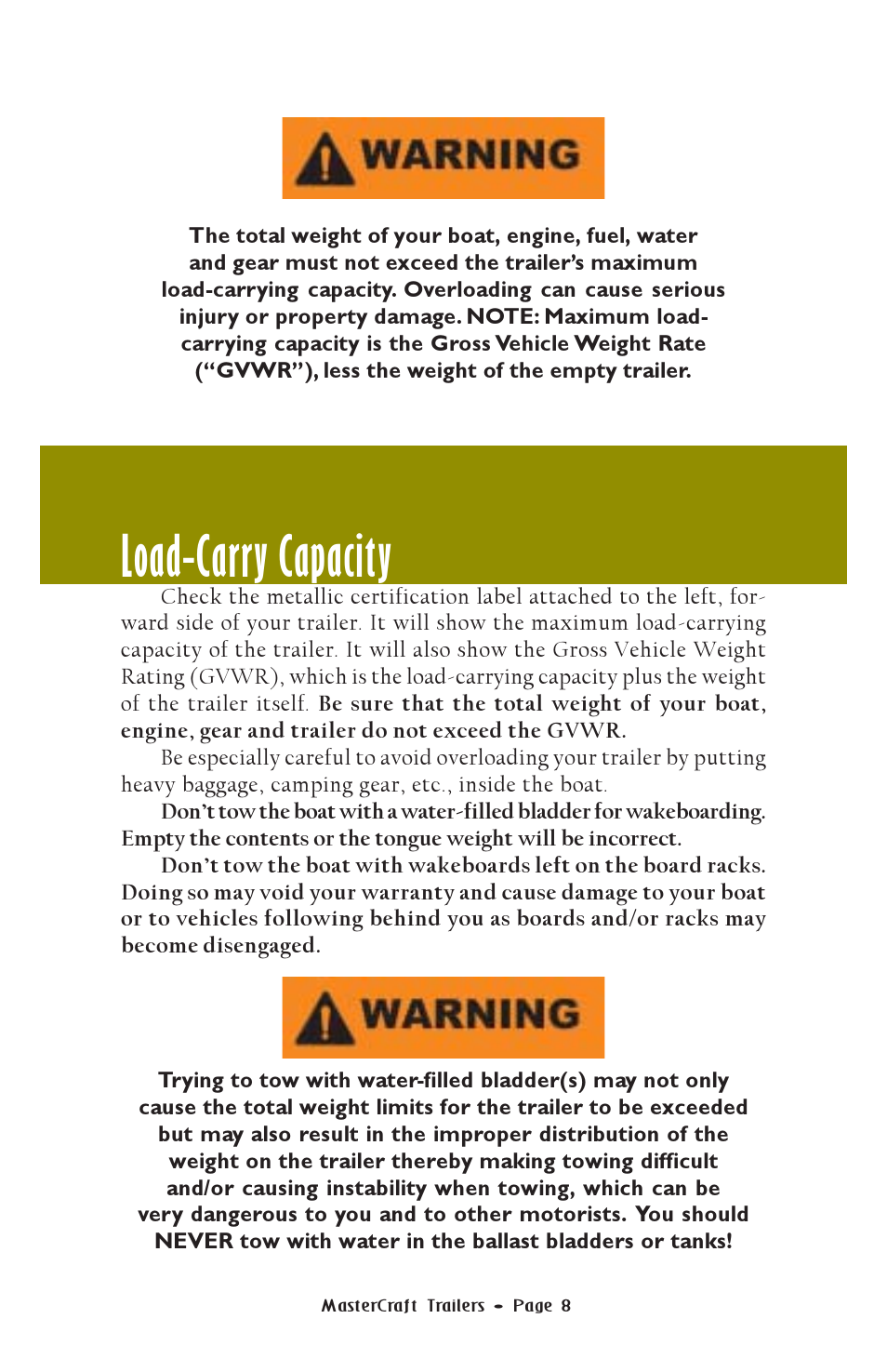 Load-carry capacity | MasterCraft Trailer User Manual | Page 9 / 33