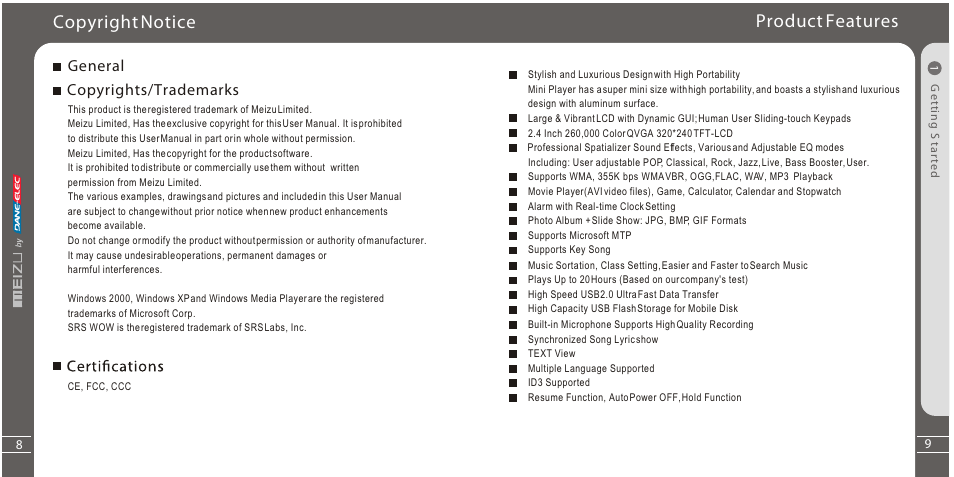 Product features copyright notice, General copyrights/trademarks | Meizu Portable Media Player User Manual | Page 5 / 37
