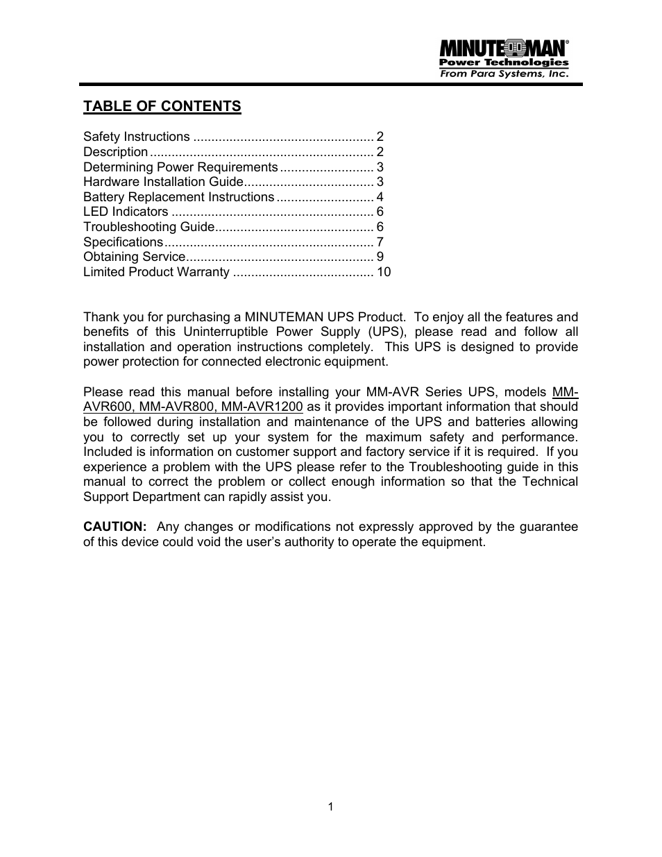 Minuteman UPS MM-AVR User Manual | Page 2 / 12