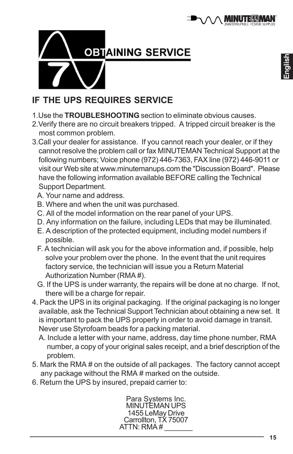 If the ups requires service | Minuteman UPS MBK-E SERIES User Manual | Page 16 / 25