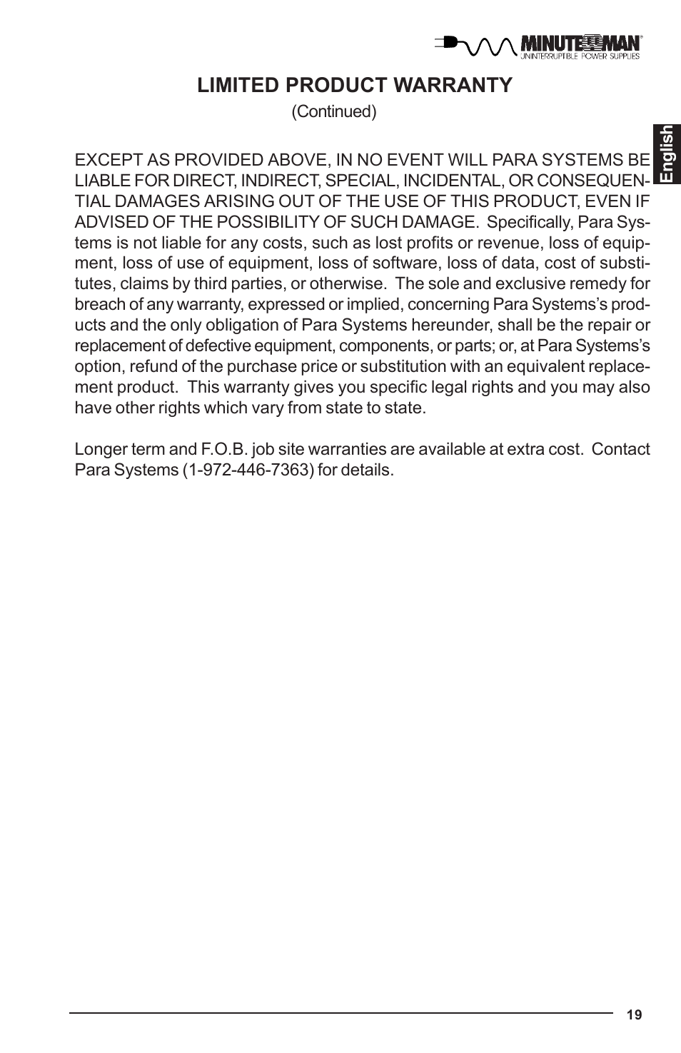 Limited product warranty | Minuteman UPS MBK-E SERIES User Manual | Page 20 / 25