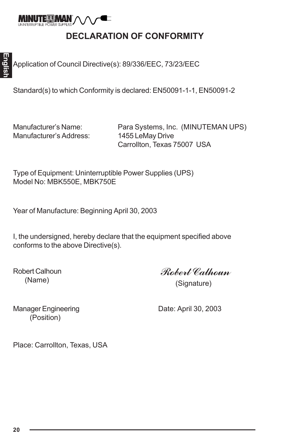 Robert calhoun | Minuteman UPS MBK-E SERIES User Manual | Page 21 / 25