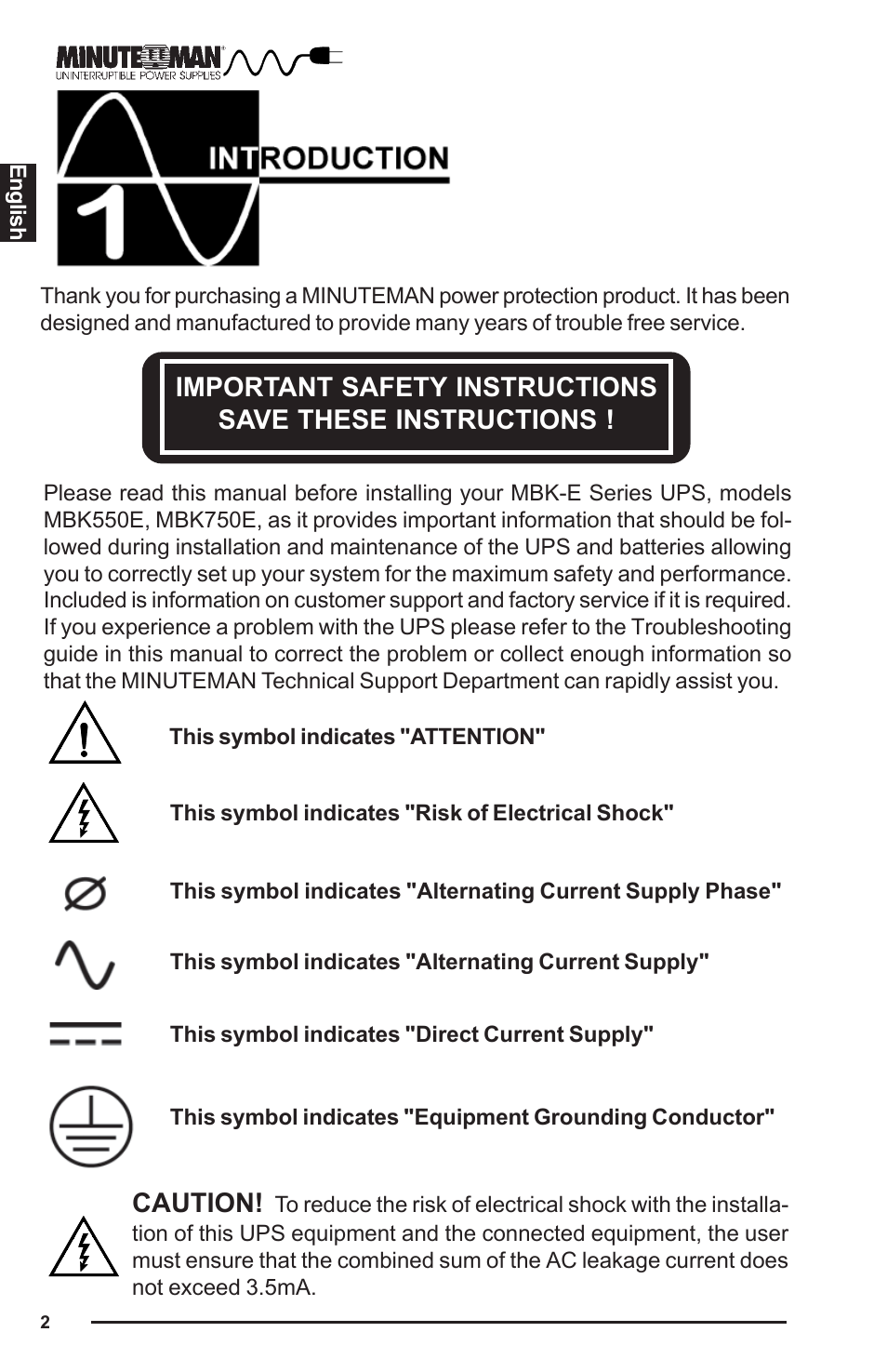 Caution | Minuteman UPS MBK-E SERIES User Manual | Page 3 / 25