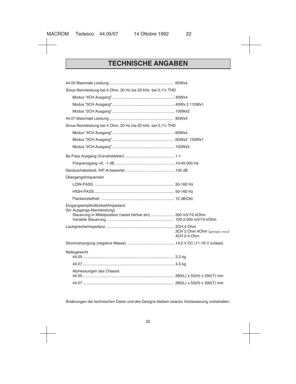 Technische angaben | Macrom 44.05 User Manual | Page 20 / 44
