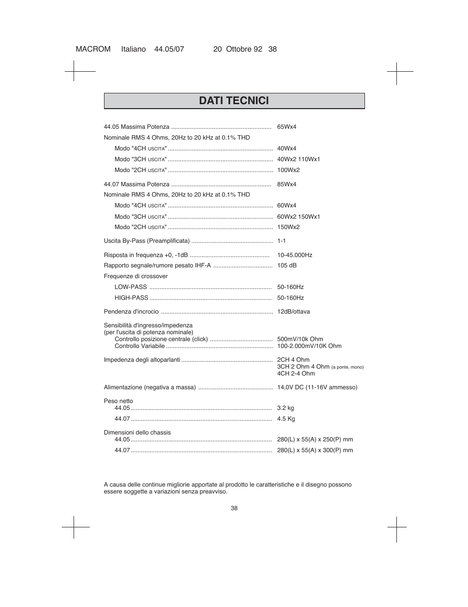 Dati tecnici | Macrom 44.05 User Manual | Page 36 / 44