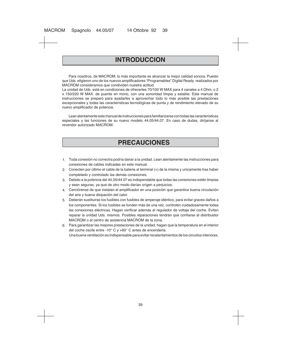 Introduccion, Precauciones | Macrom 44.05 User Manual | Page 37 / 44