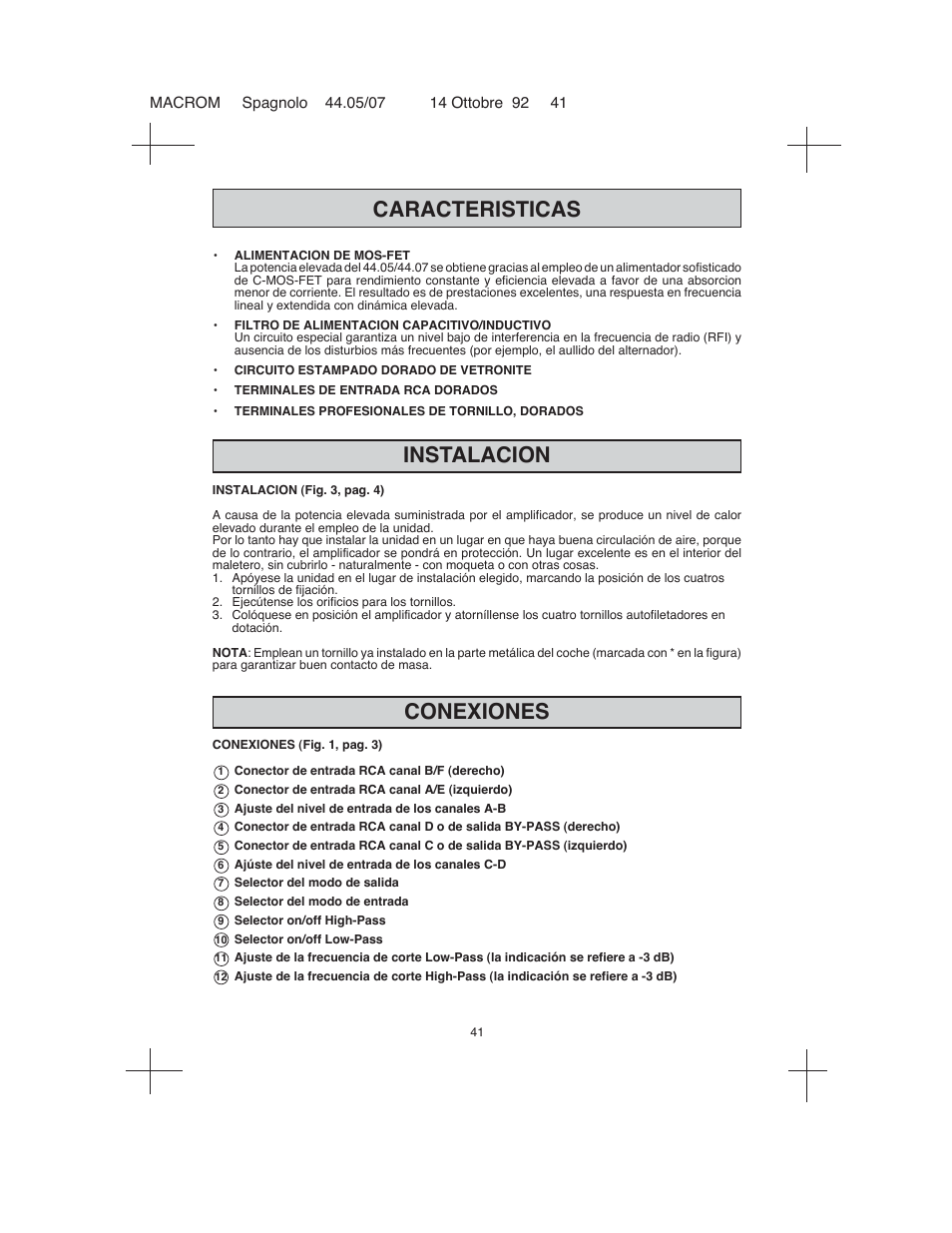 Conexiones, Caracteristicas, Instalacion | Macrom 44.05 User Manual | Page 39 / 44