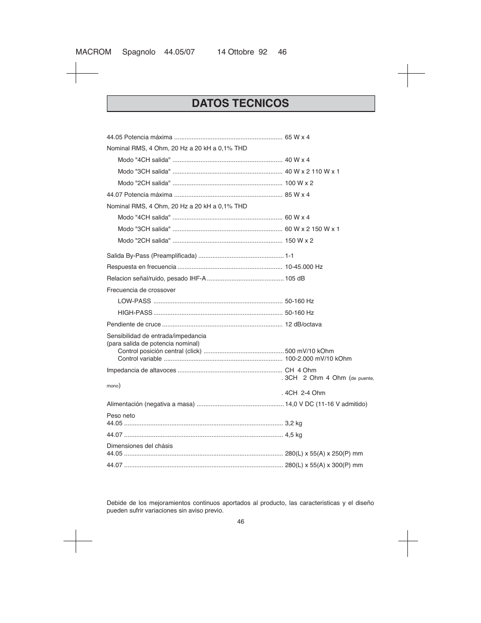 Datos tecnicos | Macrom 44.05 User Manual | Page 44 / 44