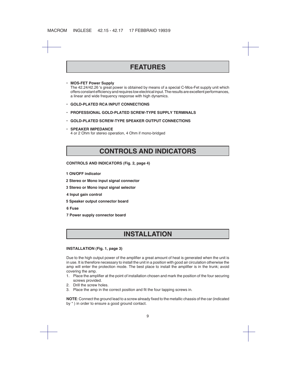 Features, Controls and indicators, Installation | Macrom 42.26 User Manual | Page 8 / 37