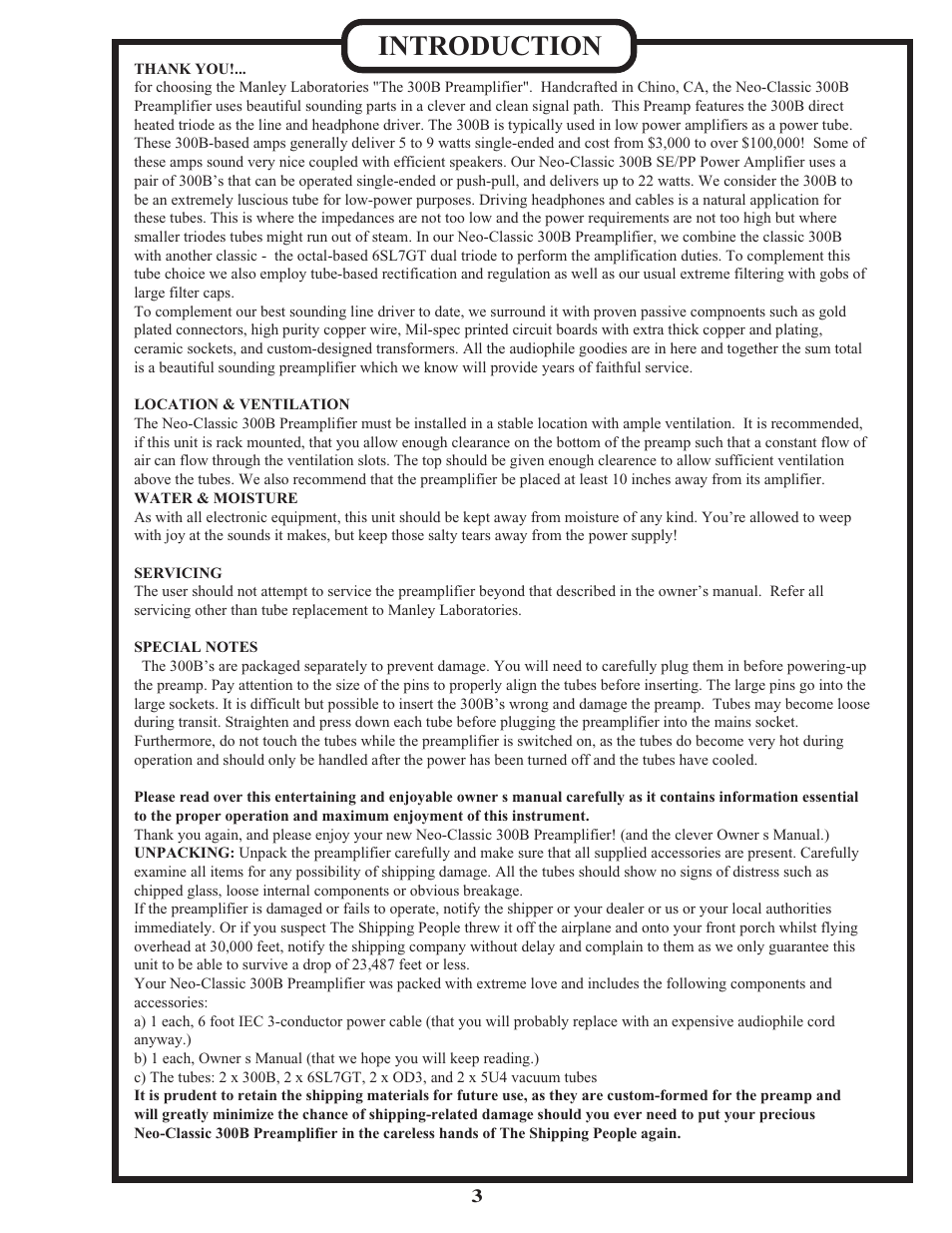 Introduction | Manley Neo-Classic 300B Preamplifier 2002 - 2008 User Manual | Page 3 / 12