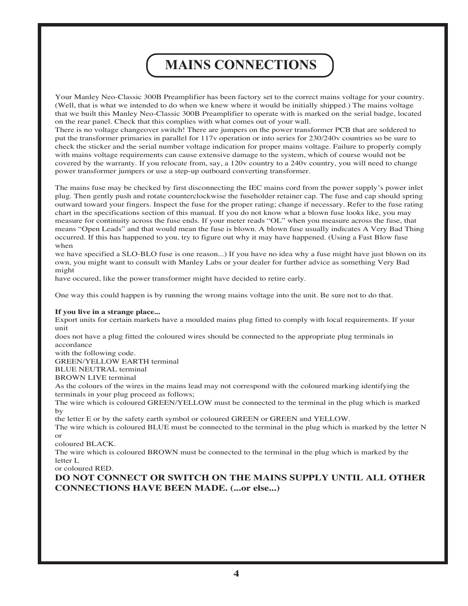 Mains connections | Manley Neo-Classic 300B Preamplifier 2002 - 2008 User Manual | Page 4 / 12