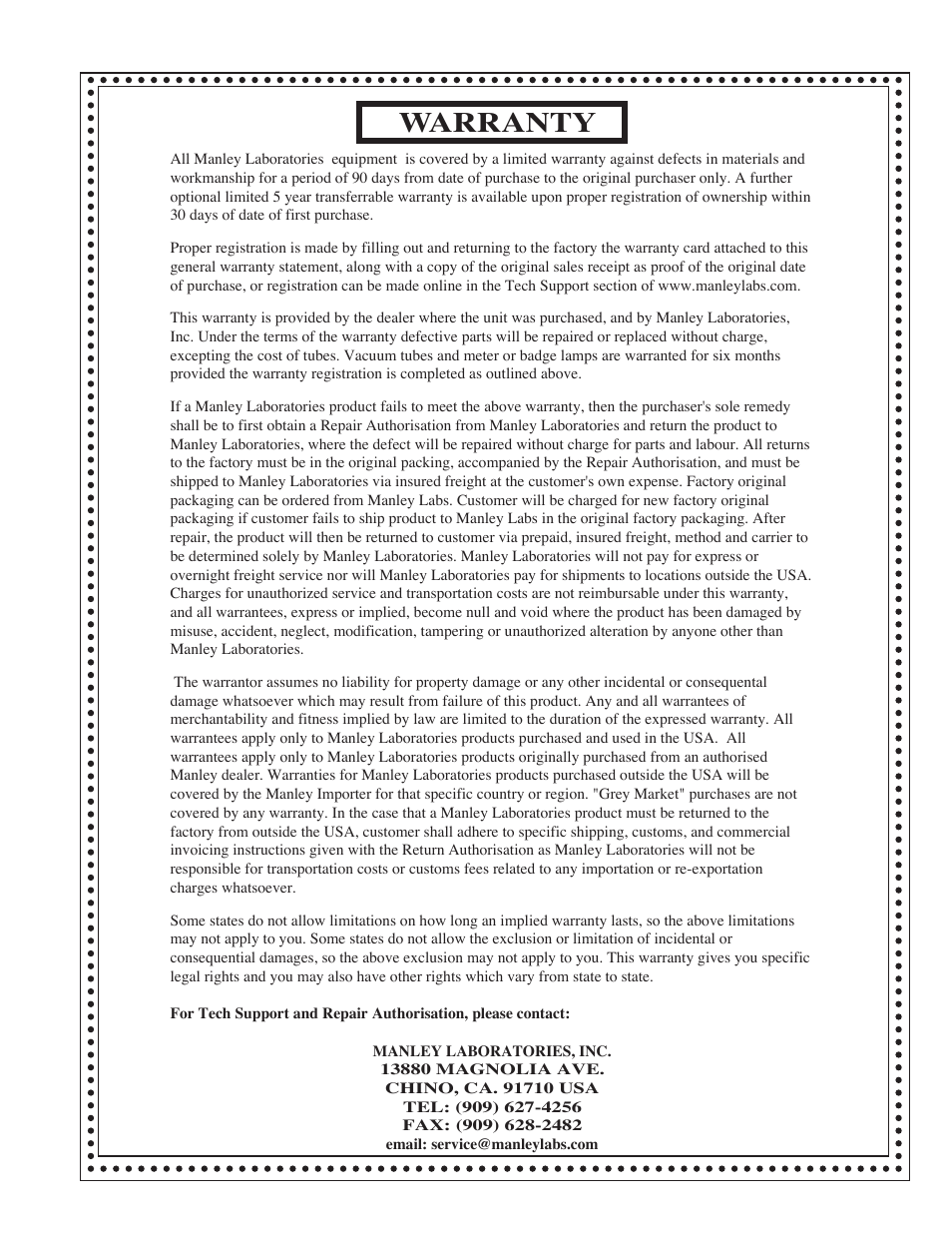 Warranty | Manley NEO-CLASSIC SE / PP 300B AMPLIFIER User Manual | Page 11 / 12