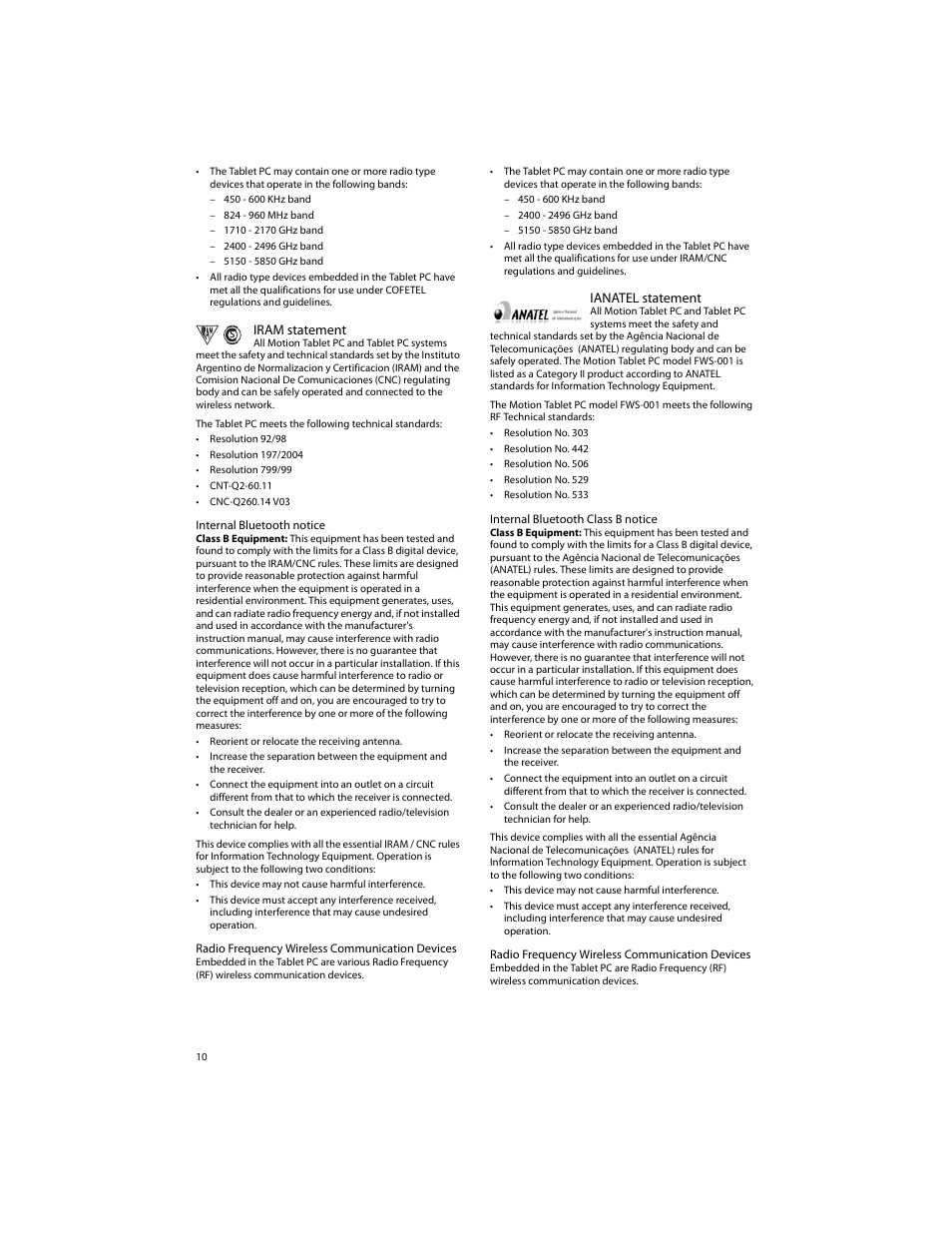 Iram statement, Internal bluetooth notice, Radio frequency wireless communication devices | Ianatel statement, Internal bluetooth class b notice, Srepu b lica a r gen tin a | Motion CL900 TABLET PC FWS-001 User Manual | Page 10 / 13