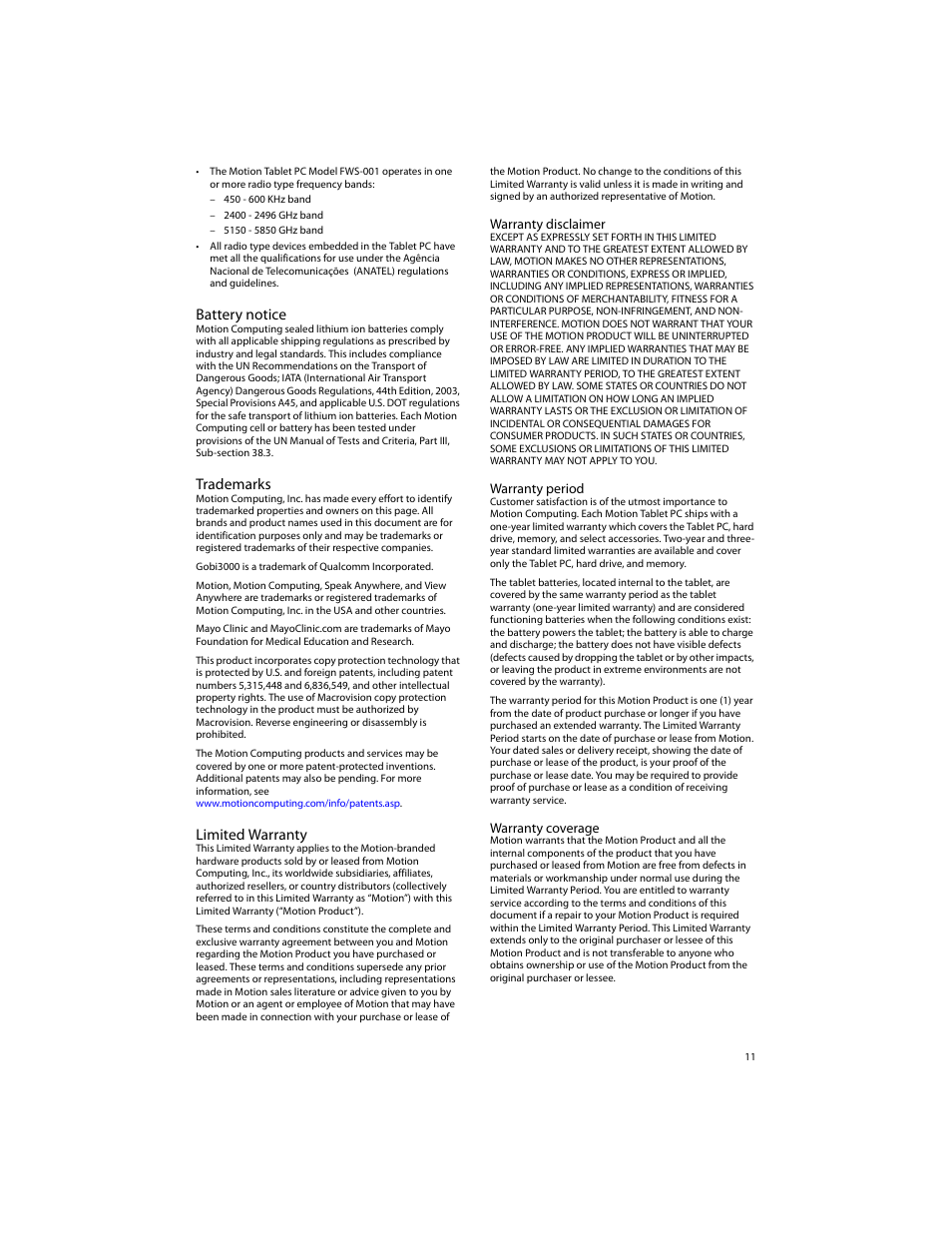 Battery notice, Trademarks, Limited warranty | Warranty disclaimer, Warranty period, Warranty coverage | Motion CL900 TABLET PC FWS-001 User Manual | Page 11 / 13
