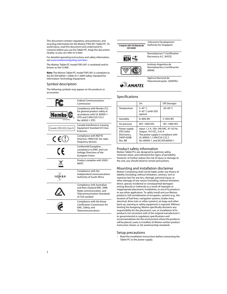 Specifications, Product safety information, Mounting and installation disclaimer | Setup precautions, Symbol description, Specifications product safety information | Motion CL900 TABLET PC FWS-001 User Manual | Page 2 / 13