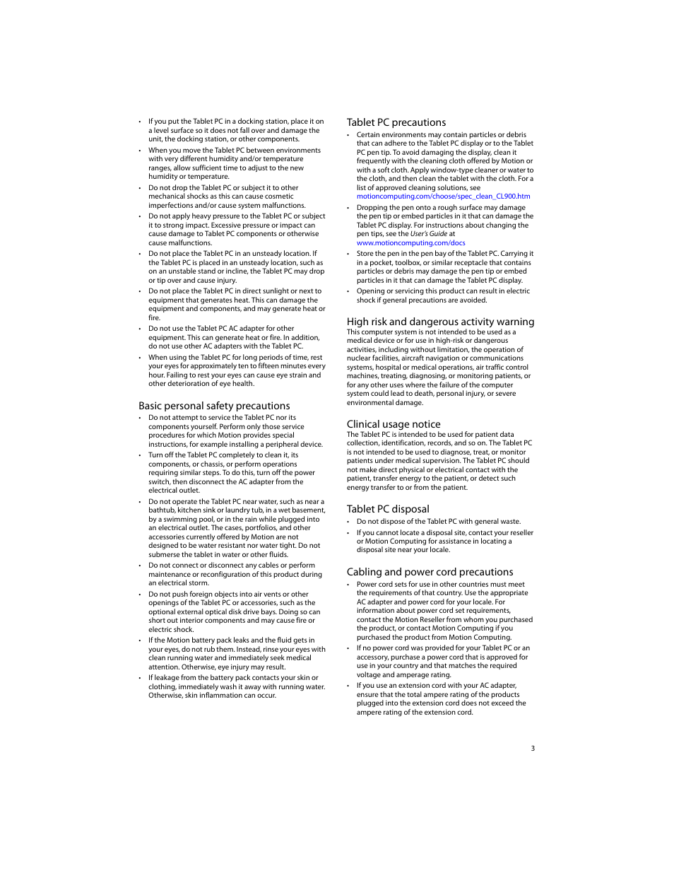 Basic personal safety precautions, Tablet pc precautions, High risk and dangerous activity warning | Clinical usage notice, Tablet pc disposal, Cabling and power cord precautions | Motion CL900 TABLET PC FWS-001 User Manual | Page 3 / 13