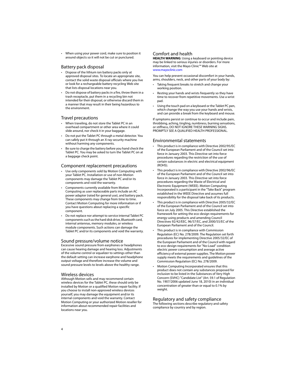 Battery pack disposal, Travel precautions, Component replacement precautions | Sound pressure/volume notice, Wireless devices, Comfort and health, Environmental statements, Regulatory and safety compliance | Motion CL900 TABLET PC FWS-001 User Manual | Page 4 / 13
