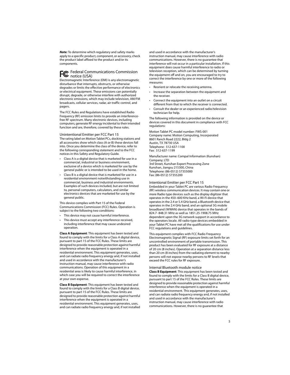Federal communications commission notice (usa), Unintentional emitter per fcc part 15, Intentional emitter per fcc part 15 | Internal bluetooth module notice | Motion CL900 TABLET PC FWS-001 User Manual | Page 5 / 13