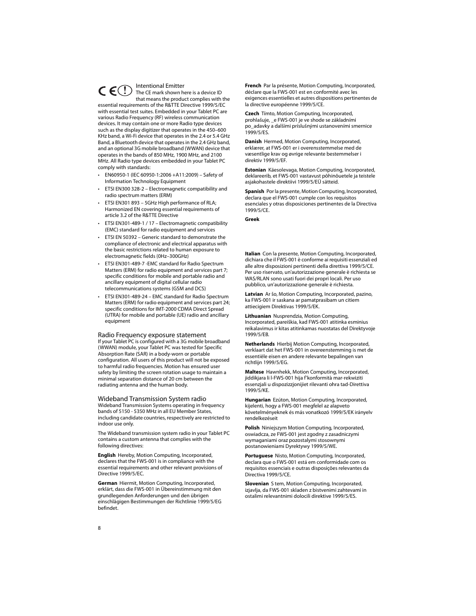 Intentional emitter, Radio frequency exposure statement, Wideband transmission system radio | English, German, French, Czech, Danish, Estonian, Spanish | Motion CL900 TABLET PC FWS-001 User Manual | Page 8 / 13