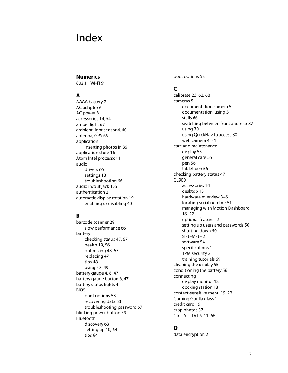 Index, Numerics | Motion CL900 FWS-001 User Manual | Page 77 / 81