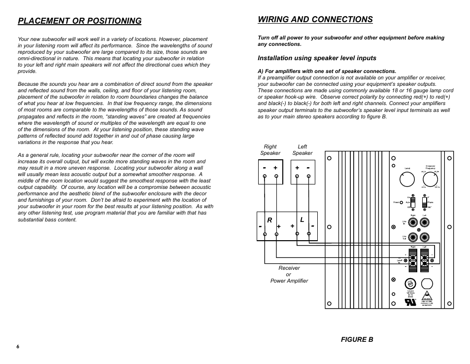 Placement or positioning, Wiring and connections | MTX Audio SW1515 User Manual | Page 10 / 10