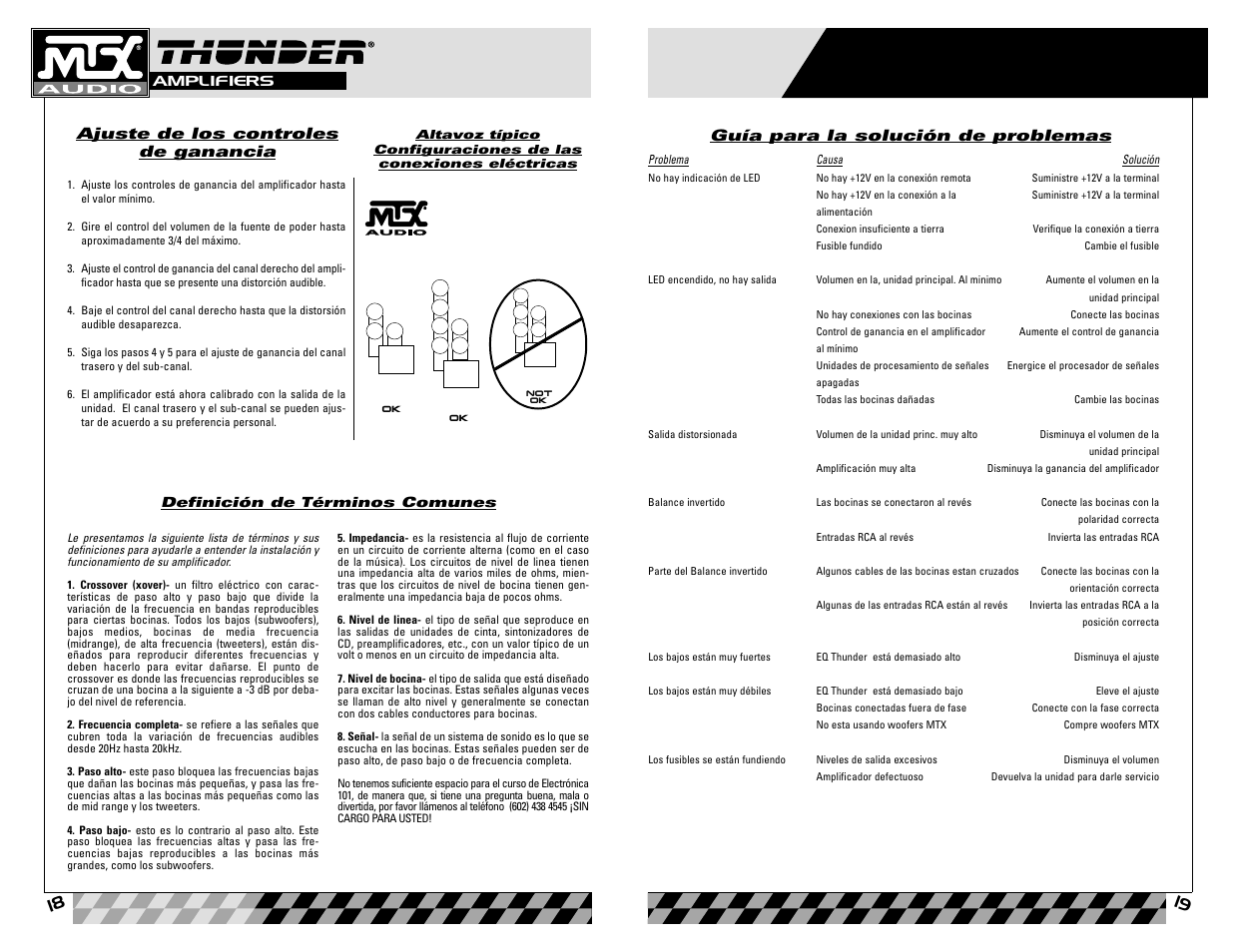 Ajuste de los controles de ganancia, Guía para la solución de problemas | MTX Audio 4405 User Manual | Page 10 / 15